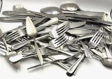 5 Lb.Mixed Lot of 52 Pieces Stainless Flatware ~ Knives Forks Spoons Church Camp