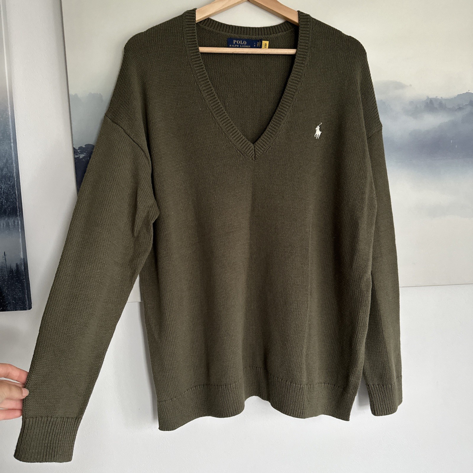 PONY Polo Ralph Lauren uomo oliva kaki cotone lana maglia pullover felpa taglia M