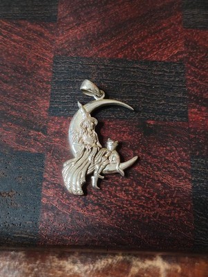 Sterling Silver Pendant Of Witch And Cat On Crescent Moon 925 Nice Detail