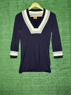 Woman s Tory Burch 100% Merino Wool Blue Long Sleeve Open Chet Top Size  XS