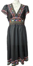 Shein Black V Neck Floral Trim Fit&Flare Summer Dress XL 36” Bust
