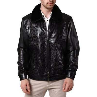 Herren Neueste Schwarze Lederjacke Python Schlangenmuster Fellkragen Exotisch...