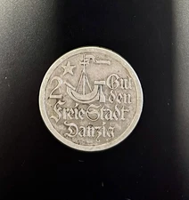 1923 Danzig 2 Gulden Silver Coin