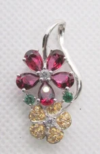 925 STERLING SILVER MULTICOLOR GEMSTONE FLOWER SLIDE PENDANT 30x15.5MM ~ 3.2G