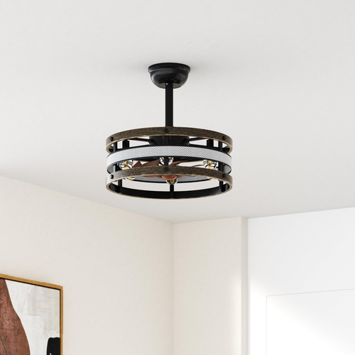 Caged Ceiling Fan with Lights and Remote,19'' Black Industrial Ceiling Fan with - Picture 2 of 7
