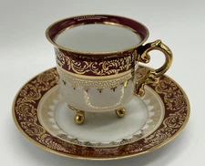 Vintage Limoges France Demi Footed Cup And Saucer Burgundy and Gold