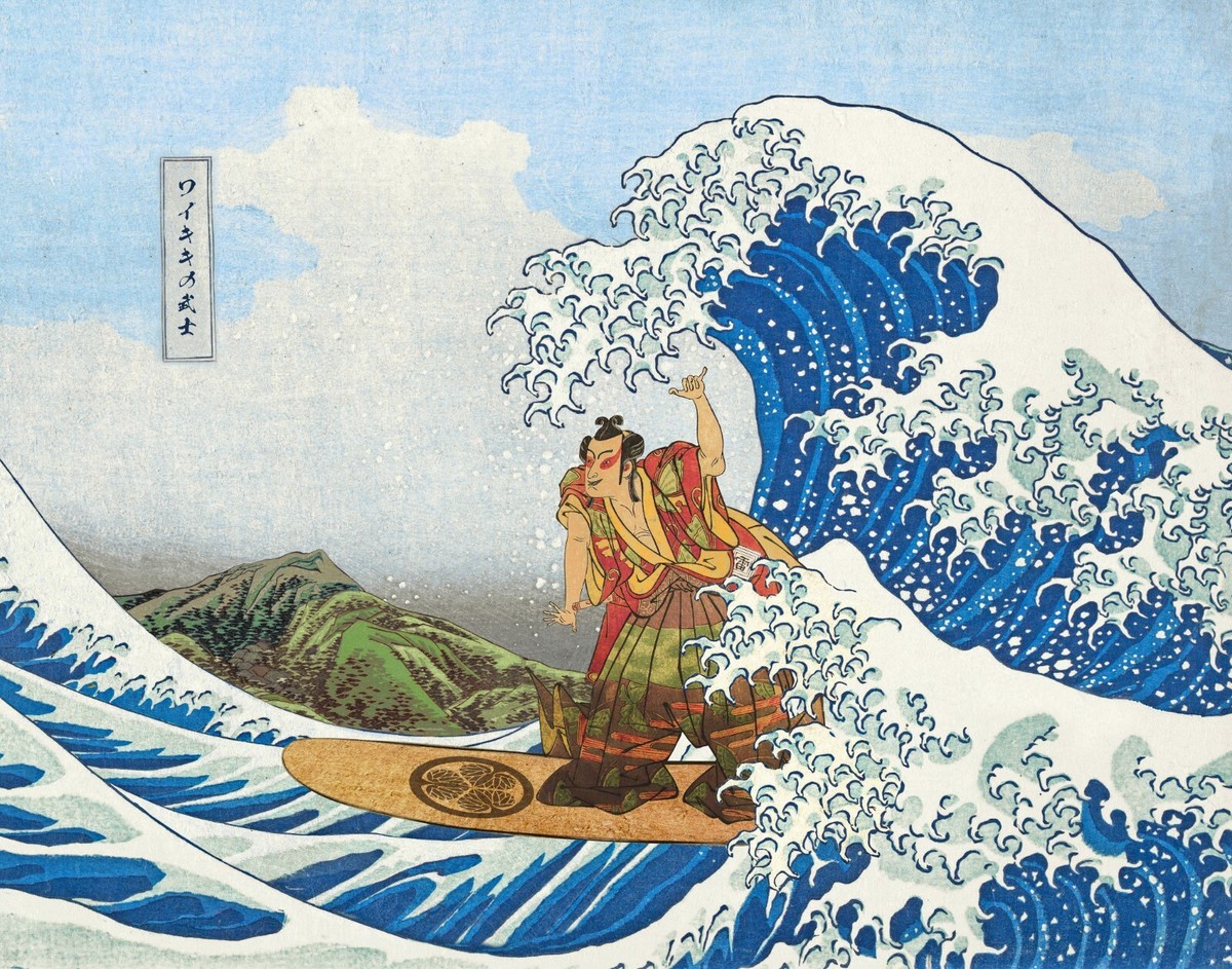 Surfing Samurai Remixed Japanese Woodblock Print, 11 x 14, ready