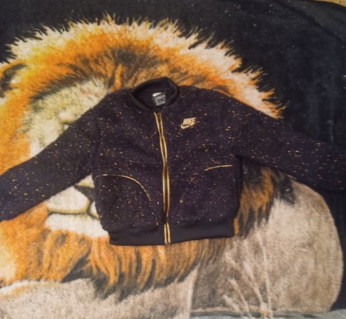 Nike Girls Black Gold Fur Bomber Jacket Size M - Picture 2 of 3