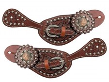 YOUTH SPUR STRAPS Silver Studded Oak Tooled Leather Vintage Rosette Conchos
