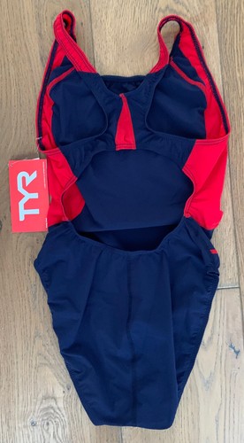 TYR Women's Large Navy Blue Red Swim Suit Aeroback CARBON One Piece USA Made New - Picture 2 of 8