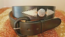 Brand New Genuine Leather Black Western Belt Conchos  White Lace Accents Sz 32
