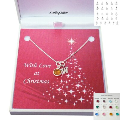 Sterlingsilber Halskette mit Brief & Geburtsstein. Geschenk zu Weihnachten, Weihnachtsgeschenk