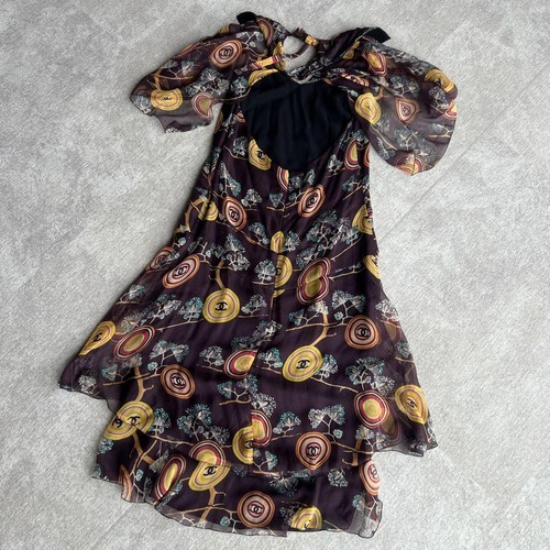 CHANEL Coco Mark Flower Print Silk Dress Size 38 Women's Made in France Used - Picture 2 of 5
