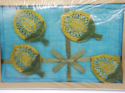 Vintage 1960 MCM 8pc Placemats and Coaster Set Turquoise and lime green CF55