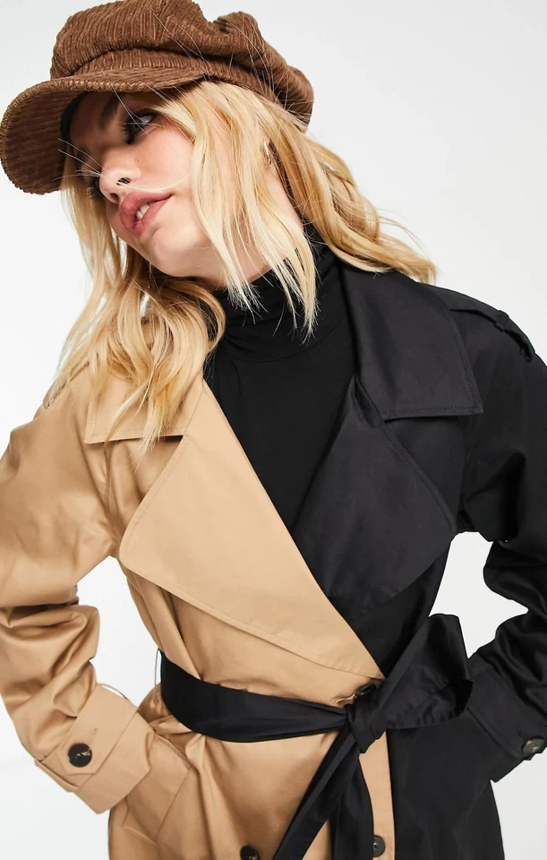 ASOS DESIGN Womens Half And Half Trench Coat In Black And Stone RRP £70 - Image 3 of 4