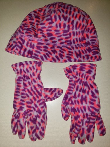 girls size SMALL / MEDIUM PURPLE PINK LEOPARD FLEECE HAT GLOVES SET OLD NAVY - Picture 1 of 2