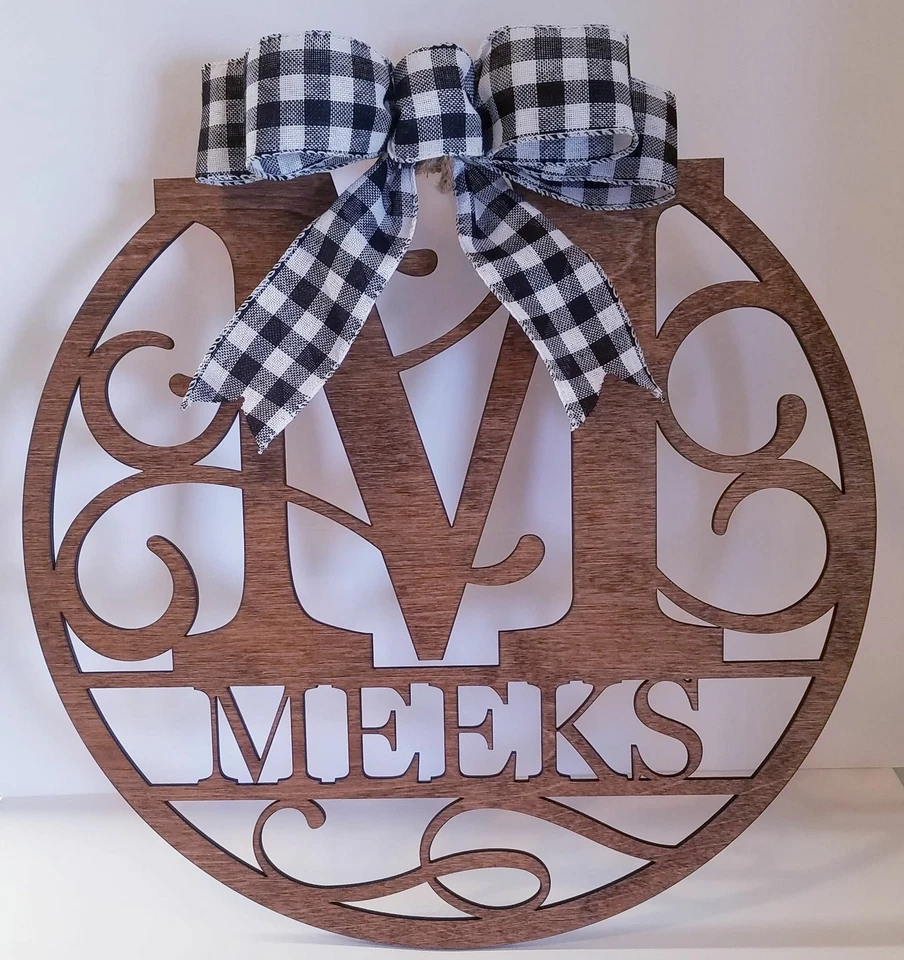 Letrero grande con monograma de madera con letra/nombre de diseño de vid redonda personalizado de 18 pulgadas Foto 2 de 4