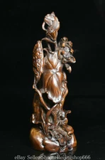 8.6" Old Chinese Boxwood Wood Carving Dynasty Lotus Frog Statue “Bai Jian”