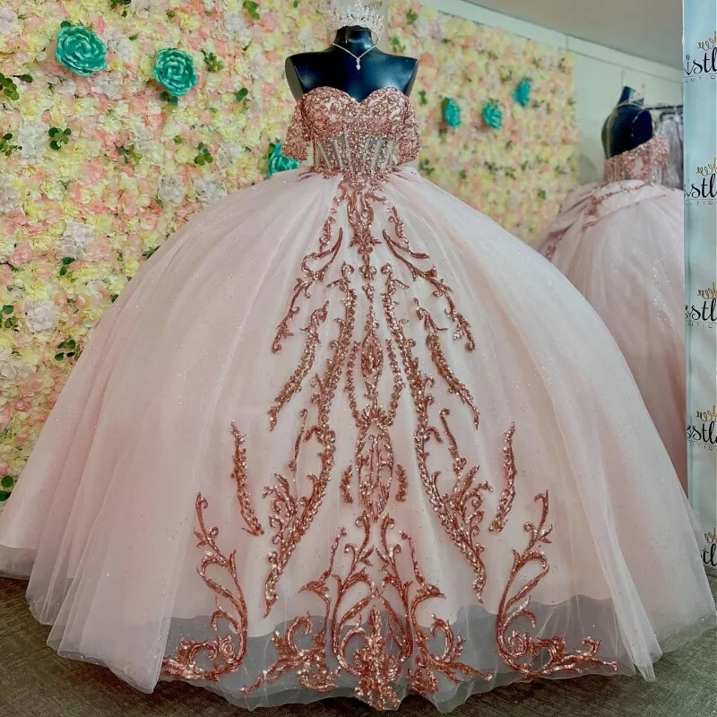 Blush Shiny Quinceanera Dresses Rose Gold Beads Sequin OffShoulder Sweet16  Dress | eBay