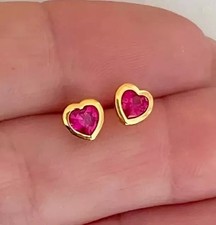 Heart Cut Simulated Pink Ruby Women's Stud Earrings In 14k Yellow Gold Plated