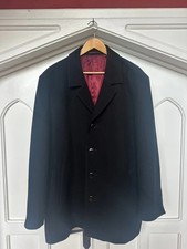 Pierre Cardin Black Wool Blend Overcoat XL – Single Breasted, Crimson Lining