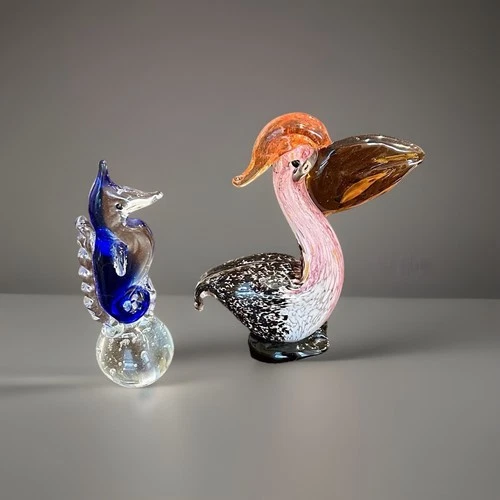 Vintage Art Glass Pelican & Seahorse Figurines • Murano Blown Glass Animals MCM