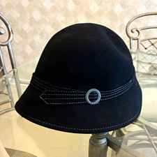 Women's Black Wool Felt Cloche Hat Solid Button Accent One Size Fall Winter