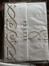 FRETTE Queen Sheet Set Curl embroidery. Color white Beige NEW 100% Cotton