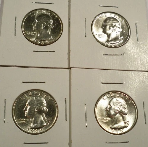LOT OF 4 BU WASHINGTON QUARTERS 1960 1964 1964-D 1964-D 0.7233 oz SILVER 25c