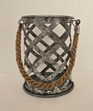 GALVANIZED METAL LANTERN CANDLE HOLDER WITH ROPE HANDLE ~ 6 INCH