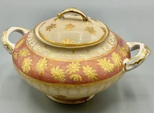 French Porcelain Covered Bowl w/ Gold Floral Decoration