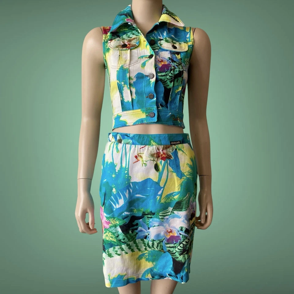 Roberto Cavalli Años 90 De Colección RARO Multicolor Verano TRAJE Chaleco + Falda Talla XS-S Foto 2 de 4