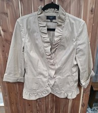 Talbots Petites 10P Beige Ruffle Trim Hook Front Cropped Jacket Cotton Blend 3/4