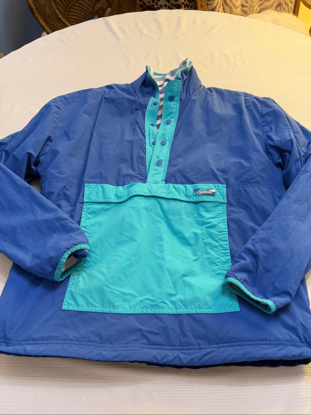 Chubbies Reversible Pullover Jacket Blue Teal Wave Fleece Men's Large Preppy Y2K