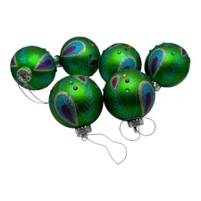 Kurt Adler Peacock Feather Green Glitter Ornament Round Balls Set of 6 NWOT