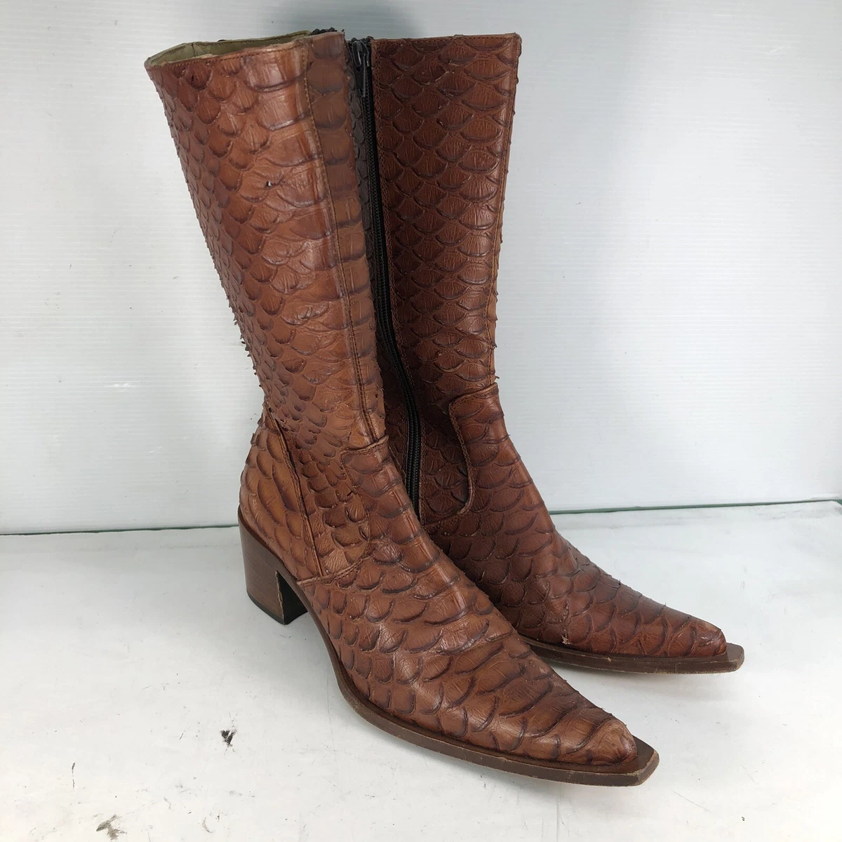 Kenneth Cole Pirarucu Fish Brown Leather Snip Toe Side Zip Boots