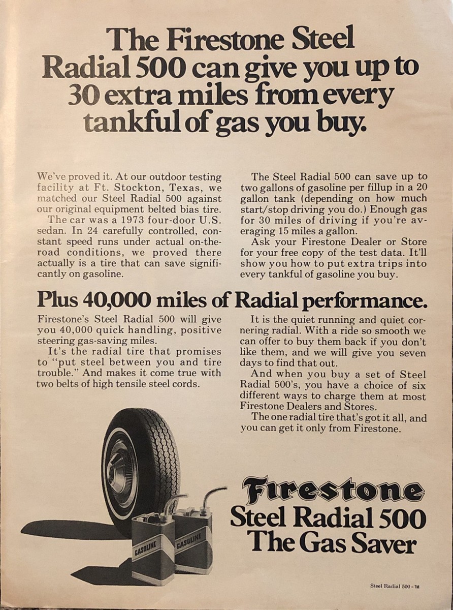 1974 Firestone Steel Radial 500 PRINT AD Ft Stockton Texas VTG