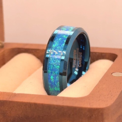 Blue Opal Wedding Band for Men bBlue Tungsten Wedding Ring Engraved Promise Ring