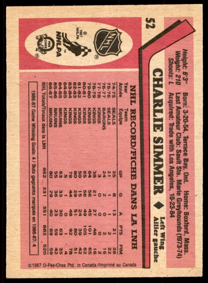 1987-88 O-PEE-CHEE CHARLIE SIMMER . BOSTON BRUINS #52 - Image 2 of 2