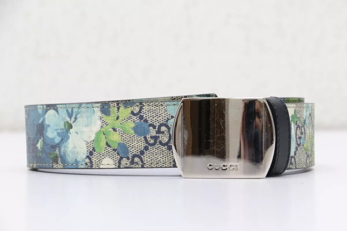 GUCCI 546375 GG Supreme Logo Blooms Belt Silver Buckle Size 85