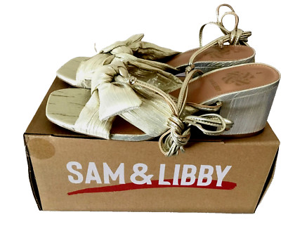 SAM & LIBBY KLARA ANKLE WRAP GOLDLEAF BOW SANDAL SHOES Sz 8