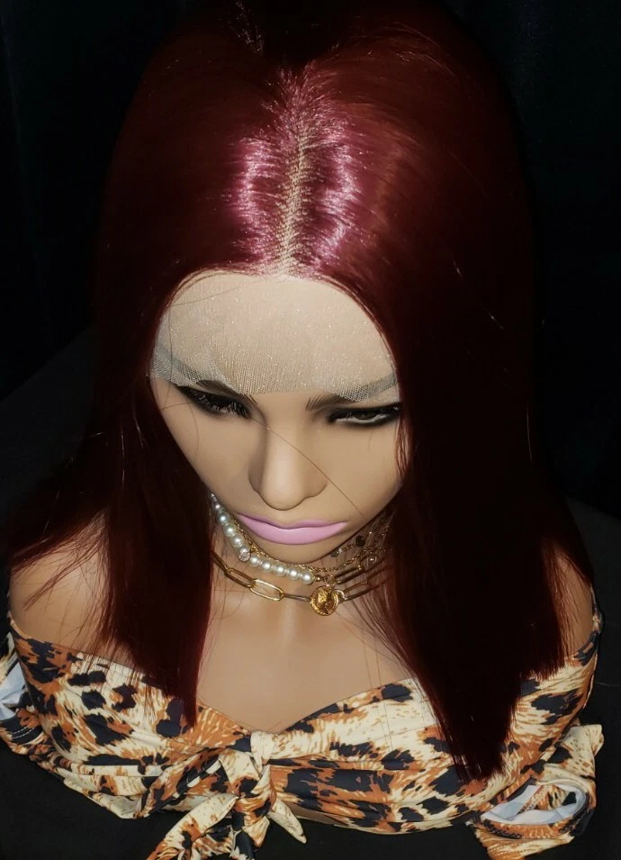 Peluca frontal de encaje HD corta Bob recta brillante vino rojo borgoña mezcla de cabello humano  Foto 4 de 4