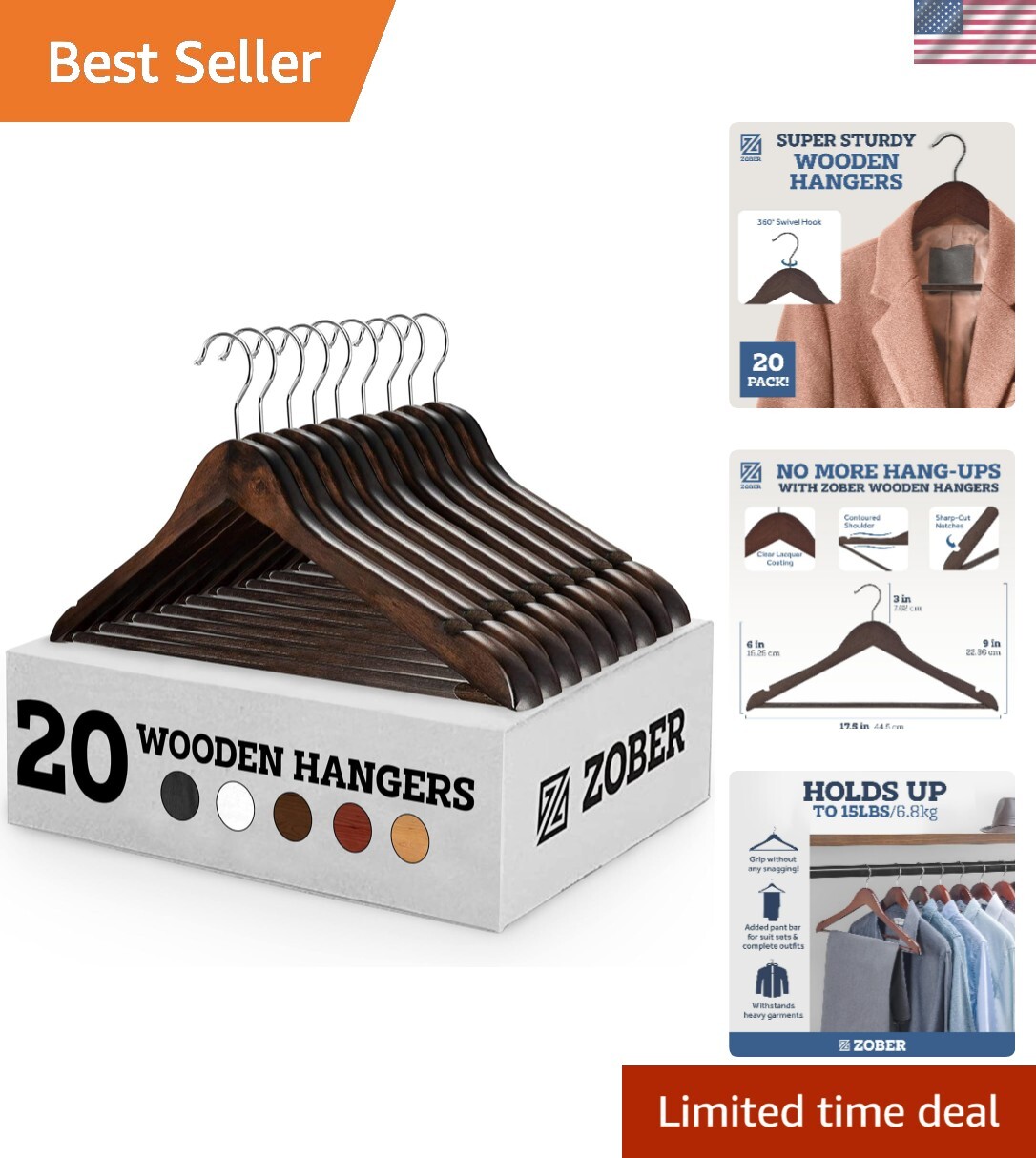20 Pack Heavy Duty Non-Slip Wooden Hangers for Coats and Suits