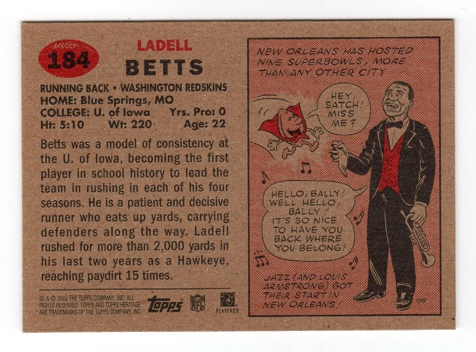 2002 Topps Heritage Football Rookie Card #184 Ladell Betts Washington Redskins - Image 2 of 3