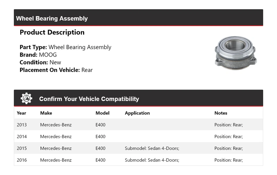 Para 2013-2016 Mercedes-Benz E400 conjunto de rolamento de roda traseiro MOOG 2013 2014 2015 - Imagem 2 de 4