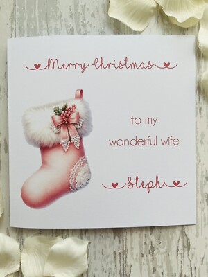 Personalisierte handgefertigte rosa Weihnachtsstrumpfkarte Schwester Mama Nana Nannie Tante