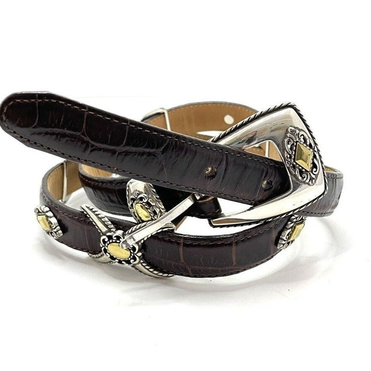 BRIGHTON Brown Croc embossed leather belt gold and silver tone hardware 31”x1” Brighton Brown Croc Embossed Leather Belt with Embossed  main image 4