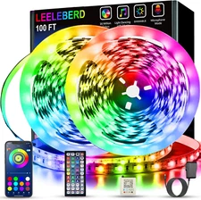100ft LED Strip Lights (2x50ft) with Music Sync, RGB, Bluetooth, Remote Control