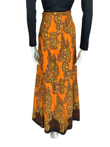 VTG 60S 70S ORANGE GOLD BLACK PSYCHEDELIC SWIRLING MAXI SKIRT 12 - Picture 6 of 9
