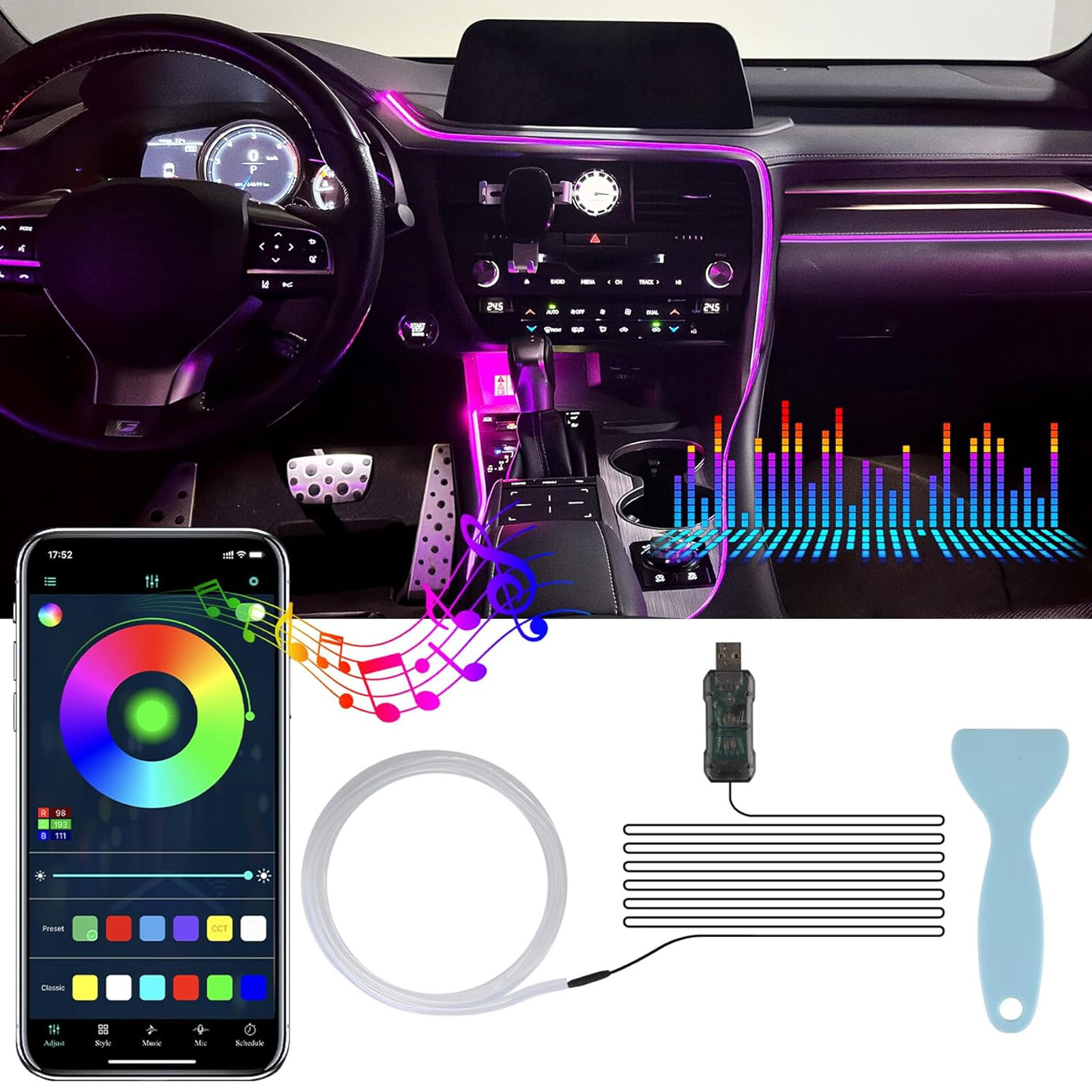 5 M Car RGB Interior Ambient LED Strip Light APP Music Control Atmosphere Lamps